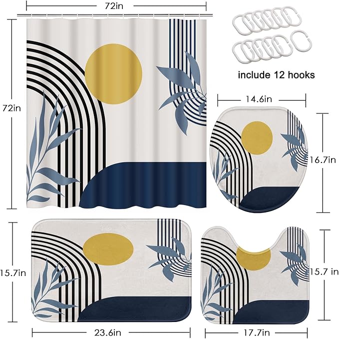 Bathroom Sets with Shower Curtain and Rugs, Boho Geometric 4 Pcs, | Abstract Mid Century Modern Bathroom Decor Set with Toilet Lid Cover, Non-Slip Bath Mats and Accessories 12 Hooks
