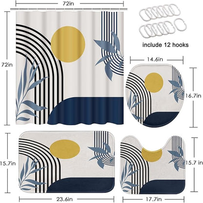 Bathroom Sets with Shower Curtain and Rugs, Boho Geometric 4 Pcs, | Abstract Mid Century Modern Bathroom Decor Set with Toilet Lid Cover, Non-Slip Bath Mats and Accessories 12 Hooks