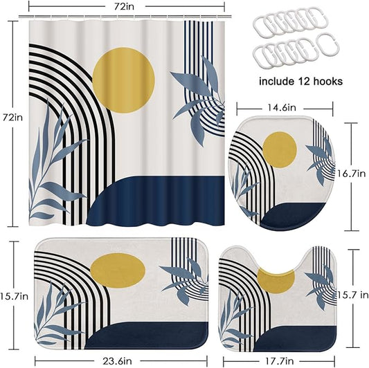 Bathroom Sets with Shower Curtain and Rugs, Boho Geometric 4 Pcs, | Abstract Mid Century Modern Bathroom Decor Set with Toilet Lid Cover, Non-Slip Bath Mats and Accessories 12 Hooks