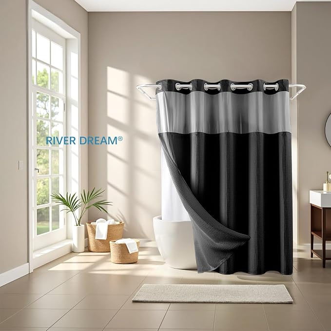 River Dream Black Cotton Blend Fabric Shower Curtain Set with Liner, 71x74 | Waffle Weave, No Hook Needed, with Snap in Replacement Liner, Top Sheer Window, Hotel Quality Fabric for Bathroom