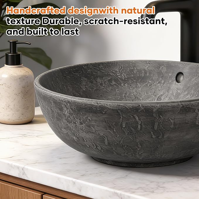 Ceramic Vessel Sink, Retro Round, 16.9" with Overflow | Handmade Wood-Grain Finish, Above Counter Install, Drain 1-3/4", Depth 6.5", Splash Guard, Scratch-Resistant, Easy Clean