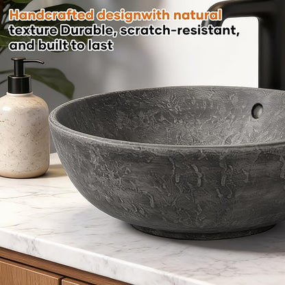 Ceramic Vessel Sink, Retro Round, 16.9" with Overflow | Handmade Wood-Grain Finish, Above Counter Install, Drain 1-3/4", Depth 6.5", Splash Guard, Scratch-Resistant, Easy Clean