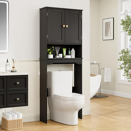 RRX Over The Toilet Storage Cabinet, Bathroom Above Organizer (Black) | Free Standing Toilet Rack with Adjustable Shelf and Open Storage, Double Doors, Space Saver,24.8" L x 9.1 "W x 65.7 "H