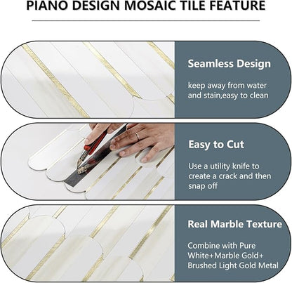Vamos Tile Peel and Stick Backsplash Seamless Tile,Fish Scale,Glossy,10 pcs | 11.9''x10.8'',White& Dolomite PVC+Light Gold Stick on Backsplash Tile for Kitchen & Bathroom & Laundry & Camper
