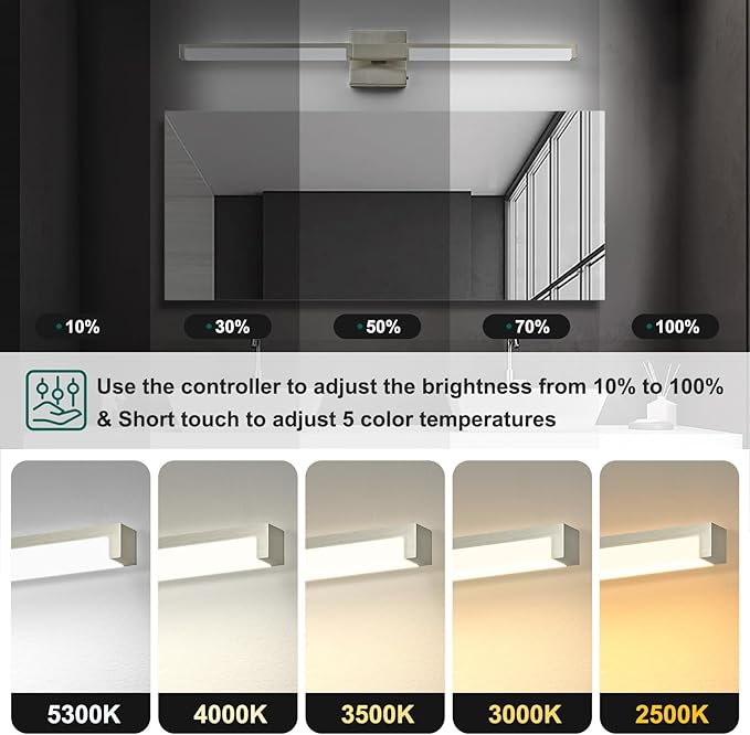 OKELI 32 Inch Bathroom Light Fixtures, Modern Brushed Nickel Vanity Light Over Mirror for Bathroom, 16W 5CCT Diammable Bar Wall Light