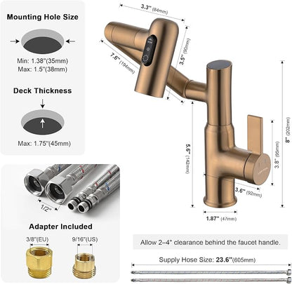 Rotatable Bathroom Faucet with Temperature Display in Fahrenheit (Batteries-Free), 3 Water Outlet Modes, Brushed Copper