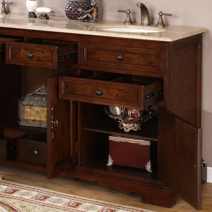 Silkroad Exclusive Hyp-0716-T-Uic-72 Travertine Stone Top Double Sink Bathroom Vanity with Bath Cabinet, 72", Medium Wood