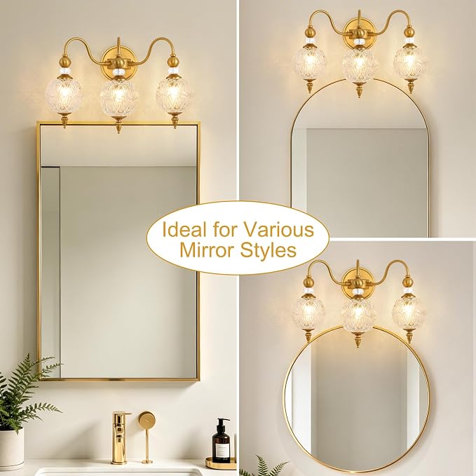 Vintage 3-Light Bathroom Vanity Light Over Mirror, Matte Brass | 18.7in Wide Farmhouse Bathroom Decor, Ribbed Glass Shades, G9 base, Wall Mounted, Mid Century Wall Sconces Vanity Lighting