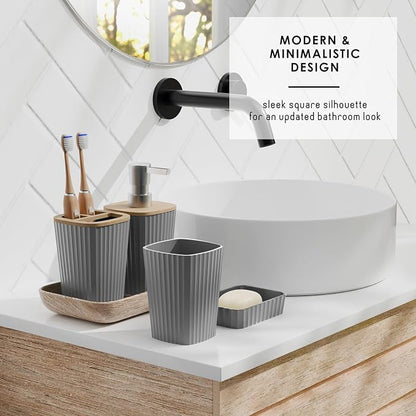 Clara Clark Bathroom Set - Grey Bathroom Accessories Set, 6PC Bathroom Accessory Set, Bathroom Sets with Bathroom Rugs, Toilet Brush, Trash Can & Soap Dispenser