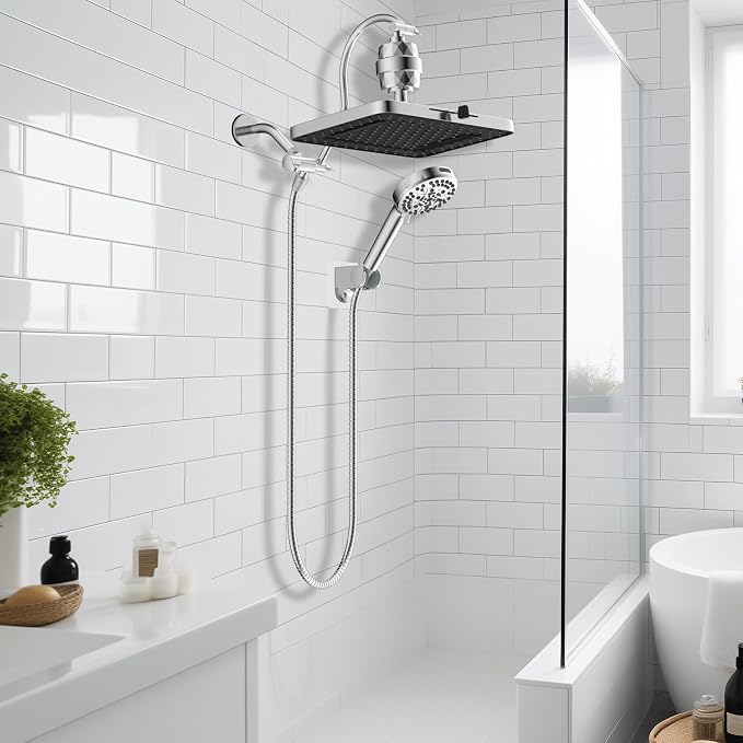 Hibbent 13'' Filtered Shower Head with 10-Spray Handheld, Chrome | 5 Modes Rainfall Shower Head, High Pressure Showerhead Combo, 20 Stage Shower Filter, 12'' Extension Arm, 71'' Hose & Holder