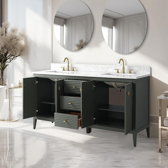 Vanity Art 60 inch Bathroom Vanity with Double Sink & Ceramic Top, Vanity Cabinet with Soft-Closing Door, Solid Wood Frame, Linear Pattern, Vintage Green, Golden Brushed Handware VA9160-DVG-GB