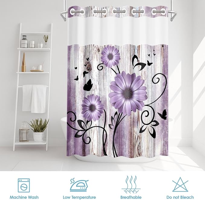 No Hook Shower Curtain with Snap in Liner 54x80 Inch Purple Daisy | Farmhouse Flower Rustic Modern Double Layers Waterproof Fabric with See Through Top Window Open Grommet Bath Curtain