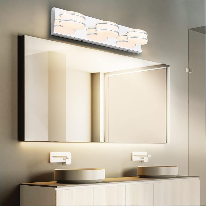 GOODATE 3 Color Temperature Dimmable Bathroom Light Fixtures Over Mirror, LED Chrome 3 Light Vanity Lighting Fixtures, Acrylic Stainless Steel Oval Shade Vanity Lights for Bathroom, ETL Certificated