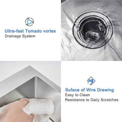 24"x18" Drop-In Kitchen Sink 304 Stainless Steel Brushed | 24 inch Sink Drop in | 304 SS | Topmount | Single Bowl | 9" Deep | Drain Kit Included | Moden Kitchen/Prep