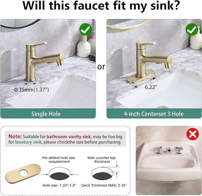 Bathroom Sink Faucet with Pull Out Sprayer, Single Handle Modern Bathroom Basin Faucet with Pop-up Sink Drain Stopper & Deck Plate 1 or 4-inch Centerset 3 Hole, Gold