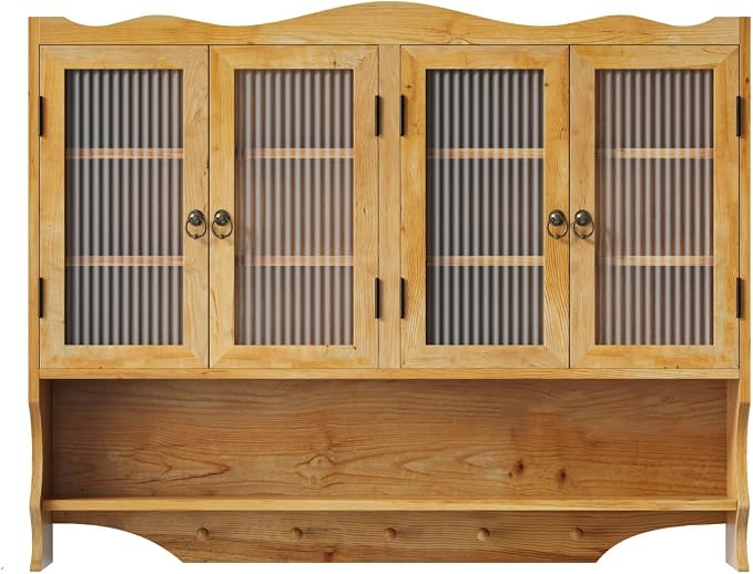 KEIKI 39.37" L Wall Mounted Kitchen Sideboard Cabinet with 4 Glass Door, 5 Hook Rack, 4 Layers Shelves, Retro Storage Buffet Medicine Cabinet for Bathroom, Dining Rooms, Entryway, Solid Wood, Natural