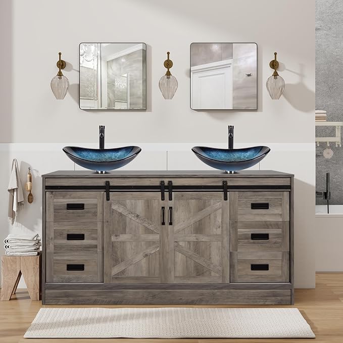 60" Barn Door Bathroom Vanity with 6 Drawers and Two Doors, Farmhouse Style Standing Pedestal Cabinet with Two Blue Boat Glass Vessel Sinks