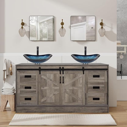60" Barn Door Bathroom Vanity with 6 Drawers and Two Doors, Farmhouse Style Standing Pedestal Cabinet with Two Blue Boat Glass Vessel Sinks