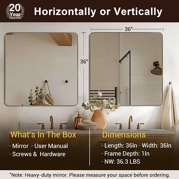 Gold Bathroom Mirrors for Over Sink, 36x36 Inch Brushed Gold Wall Mirror, Rectangular Metal Framed Vanity Mirror -Modern Clean Design with Superior Stainless Steel Frame