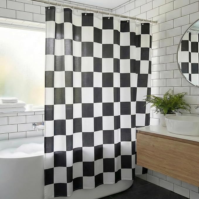 Checkered Shower Curtain, Classic Minimalist Black and White Checkerboard Design, Waterproof Polyester Fabric Shower Curtains Sets with Hooks for Bathroom 72x72 Inches