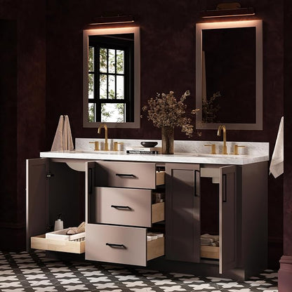 ARIEL Loren 72-inch Bathroom Vanity with Sink,Solid Wood, 1.5-inch Italian Carrara Marble Countertop, Double Rectangular Porcelain Sink, 4 Soft Closing Doors, 3 Dovetail Drawers, Mocha