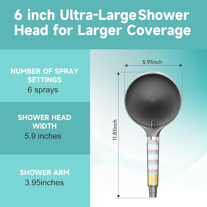 Filtered Shower Head, 6 inch High Pressure Handheld Shower Head with Filter for Hard Water, 6 Spray Modes Detachable Showerhead with Hose and Shower Arm Bracket, Dark Grey