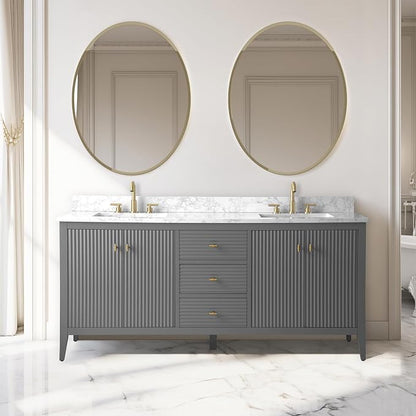 Vanity Art 72 inch Bathroom Vanity with Double Sink & Ceramic Top, Vanity Cabinet with Soft-Closing Door, Solid Wood Frame, Linear Pattern, Cashmere Gray, Golden Brushed Handware VA9172-DG-GB