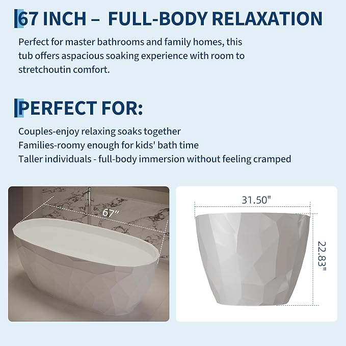Freestanding Bathtub 67 Inch Acrylic Free Standing Tub – Diamond-Style Carved Texture Design, Freestanding Bathtubs with Chrome Overflow & Pop-Up Drain, Modern Stand Alone Tub for Bathroom Remodel