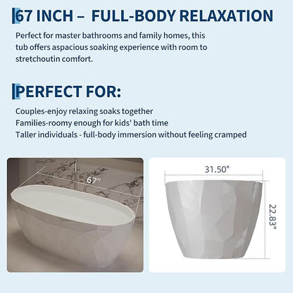 Freestanding Bathtub 67 Inch Acrylic Free Standing Tub – Diamond-Style Carved Texture Design, Freestanding Bathtubs with Chrome Overflow & Pop-Up Drain, Modern Stand Alone Tub for Bathroom Remodel