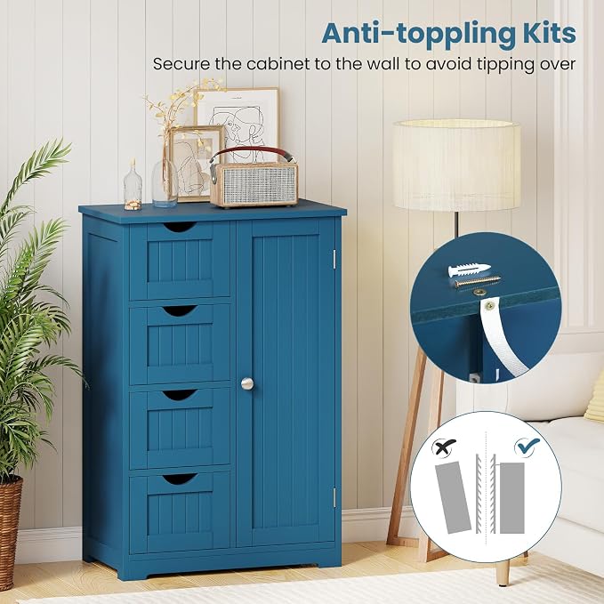 Giantex Bathroom Cabinet, Freestanding Storage Cabinet with 1 Door & 4 Drawers, 3-Level Adjustable Shelf, Anti-toppling System, Modern Storage Organizer for Bathroom, Living Room, Kitchen (Blue)