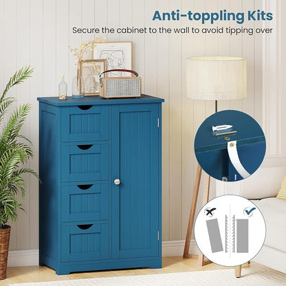 Giantex Bathroom Cabinet, Freestanding Storage Cabinet with 1 Door & 4 Drawers, 3-Level Adjustable Shelf, Anti-toppling System, Modern Storage Organizer for Bathroom, Living Room, Kitchen (Blue)