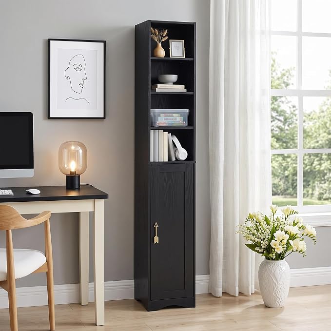 VECELO Narrow Tall Cabinet with Closed Door, 6 Adjustable Movable Shelves, Wood Space Saving Corner Storage Unit, Sleek Black