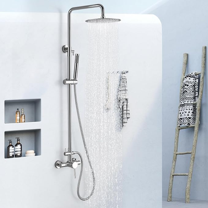 RBROHANT Outdoor Shower, Wall Mount Outdoor Shower Kit, Outside Shower Faucet with Height Adjustable Rain Shower and Handheld, Exposed Shower System for Pool, Wall Mounted, Polished Chrome, JK0146