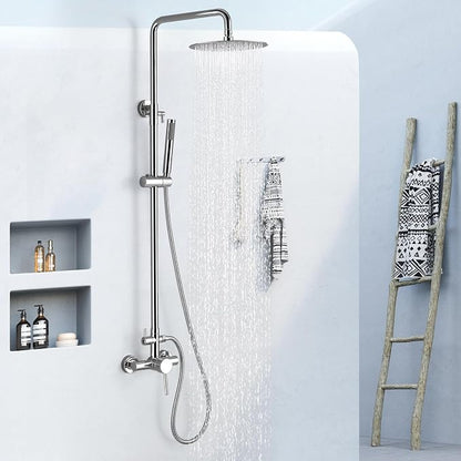 RBROHANT Outdoor Shower, Wall Mount Outdoor Shower Kit, Outside Shower Faucet with Height Adjustable Rain Shower and Handheld, Exposed Shower System for Pool, Wall Mounted, Polished Chrome, JK0146