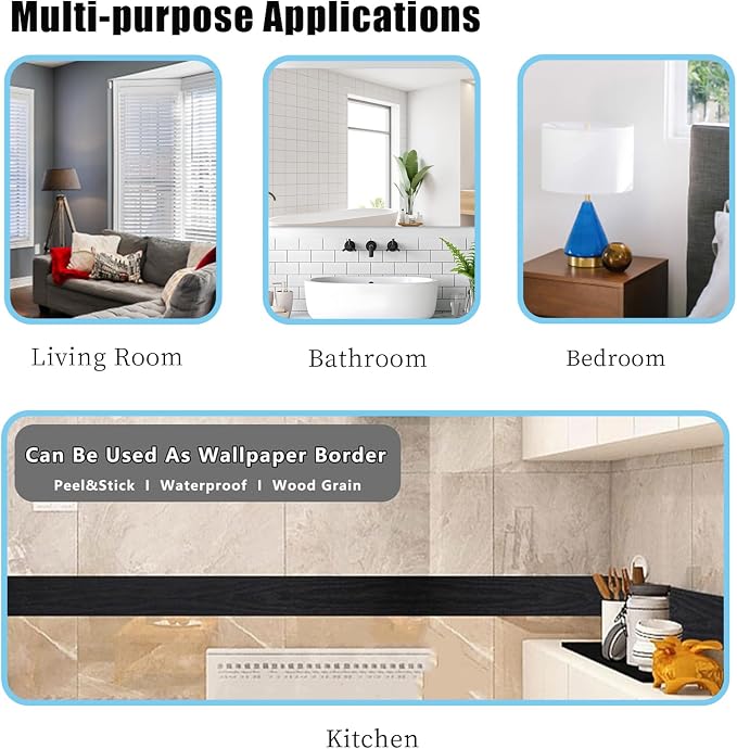 Teemall 10M Black Wood Grain Removable PVC Waterproof Border Wall Decor Removable Self Adhesive Kitchen Bathroom Tiles Sticker Wallpaper 4.2x390 (4inch)