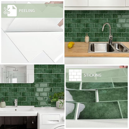 10-Sheet Thick Peel and Stick Kitchen Backsplash Tiles | 3D Subway Waterproof Self-Adhesive Wall Tile Stick on Backsplash for Kitchen and Bathroom(Light Green,12.6"×10.6")