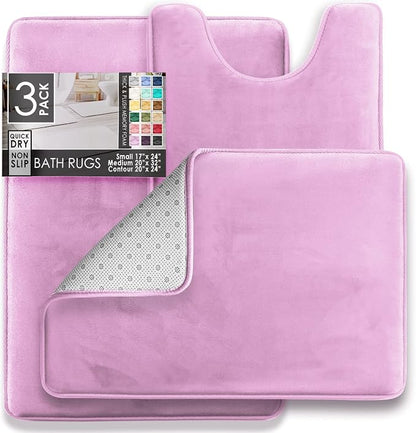 Clara Clark 3 Piece Bathroom Rugs Bath Mat Set, Velvet Memory Foam Bath Mats for Bathroom - Non-Slip, PVC Backing Bath Rugs, Washable - Dries Quickly, Lavender
