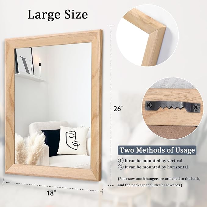 AAZZKANG Rustic Mirrors for Wall Rectangle Wood Frame Mirror Large 26"x18" Decorative for Farmhouse Bedroom Bathroom Living Room Large