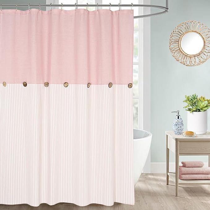 DOSLY Ides Farmhouse Pink Shower Curtain for Bathroom, Beige and Pink Stripe, Button Bathroom Curtain, Cotton Blend Woven Fabric, Rustic Charm Country Chic Style, 72x72 in