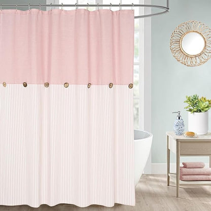 DOSLY Ides Farmhouse Pink Shower Curtain for Bathroom, Beige and Pink Stripe, Button Bathroom Curtain, Cotton Blend Woven Fabric, Rustic Charm Country Chic Style, 72x72 in
