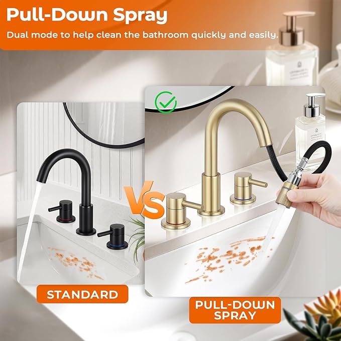 FGKQ Brushed Gold Bathroom Faucet 3 Hole with Pull Down Sprayer 2 Modes, Pull Down Bathroom Sink Faucet with Pop Up Drain, 8 Inch Widespread Bathroom Faucet
