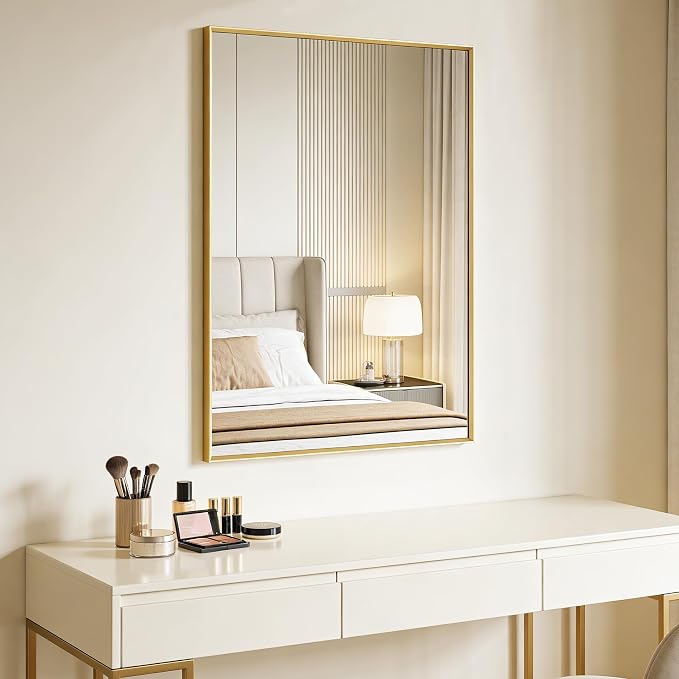 Bathroom Mirror 36" x 24" Brushed Gold Beveled Framed Mirror for Over Sink | Rectanglar Modern Farmhouse Wall Mirror, Tempered Glass, Anti-Rust, Hangs Horizontally or Vertically