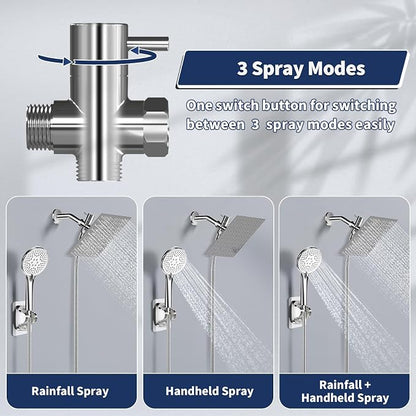 Airlex Shower Head Rain Shower Head with Handheld Spary, High Pressure Rainfall Showerhead and 4 Modes Handheld Shower Heads Built-in Power Wash with 71 Inch Stainless Steel Hose, 8'' Sliver