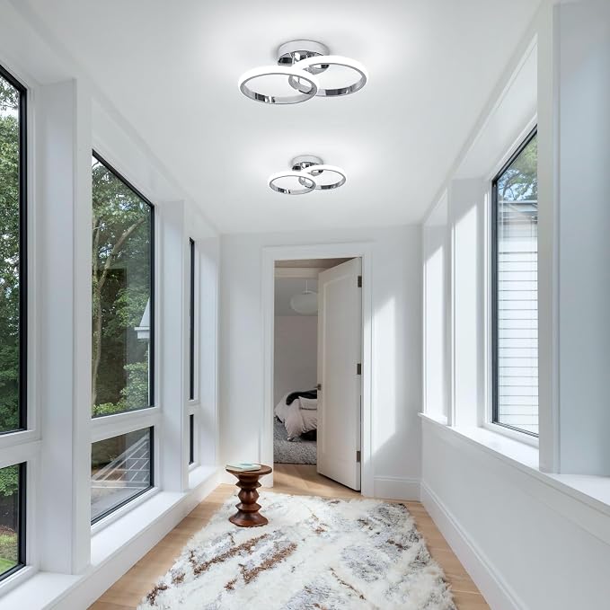 CANEOE Round Modern Led Ceiling Light Fixtures, 6000K Cool White Hallway Light Fixtures Ceiling, Bathroom Close to Ceiling Lights for Corridor Stair Aisle Lamps (Chrome, 1 Pack)