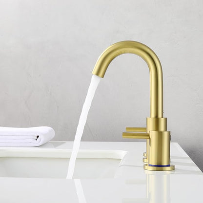 Bathroom Faucets for Sink 3 Hole, Brushed Gold Bathroom Faucet with Pop up Drain, Stainless Steel 2 Handle 8 Inch Widespread Gold Bathroom Sink Faucet for Vanity, AML-21754-BG