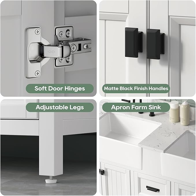 60 Inch White Bathroom Vanity with Double Sink, Farmhouse Bathroom Vanities Cabinet with Soft Closing Doors & Dovetail Drawers, Vanity for Bathroom with Apron Farm Sink, Adjustable Feet