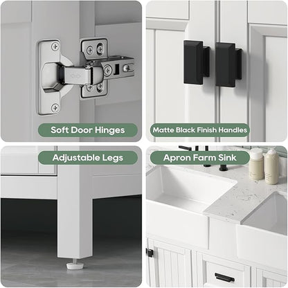 60 Inch White Bathroom Vanity with Double Sink, Farmhouse Bathroom Vanities Cabinet with Soft Closing Doors & Dovetail Drawers, Vanity for Bathroom with Apron Farm Sink, Adjustable Feet