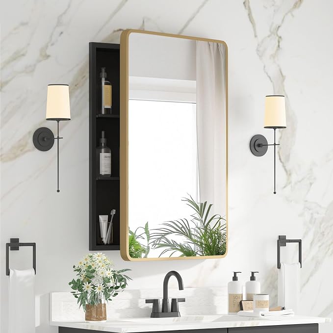 Medicine Cabinet 20 x 28 Inch, Brush Gold Bathroom Medicine Cabinet with Mirror,Metal Beveled Mirror, Adjustable Shelves, Recessed or Wall Mount, Sturdy & Solid, Bathroom Mirror with Storage