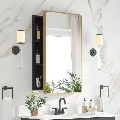 Medicine Cabinet 20 x 28 Inch, Brush Gold Bathroom Medicine Cabinet with Mirror,Metal Beveled Mirror, Adjustable Shelves, Recessed or Wall Mount, Sturdy & Solid, Bathroom Mirror with Storage