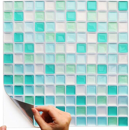 3D Mosaic Tile Sticker Removable Wallpaper Tile Red, 3D Self Adhesive Wall Tiles Bathroom Wall Tiles for Kitchen Backsplash Blue,PVC Square Decorative Vinyl Decals,4 Sheets